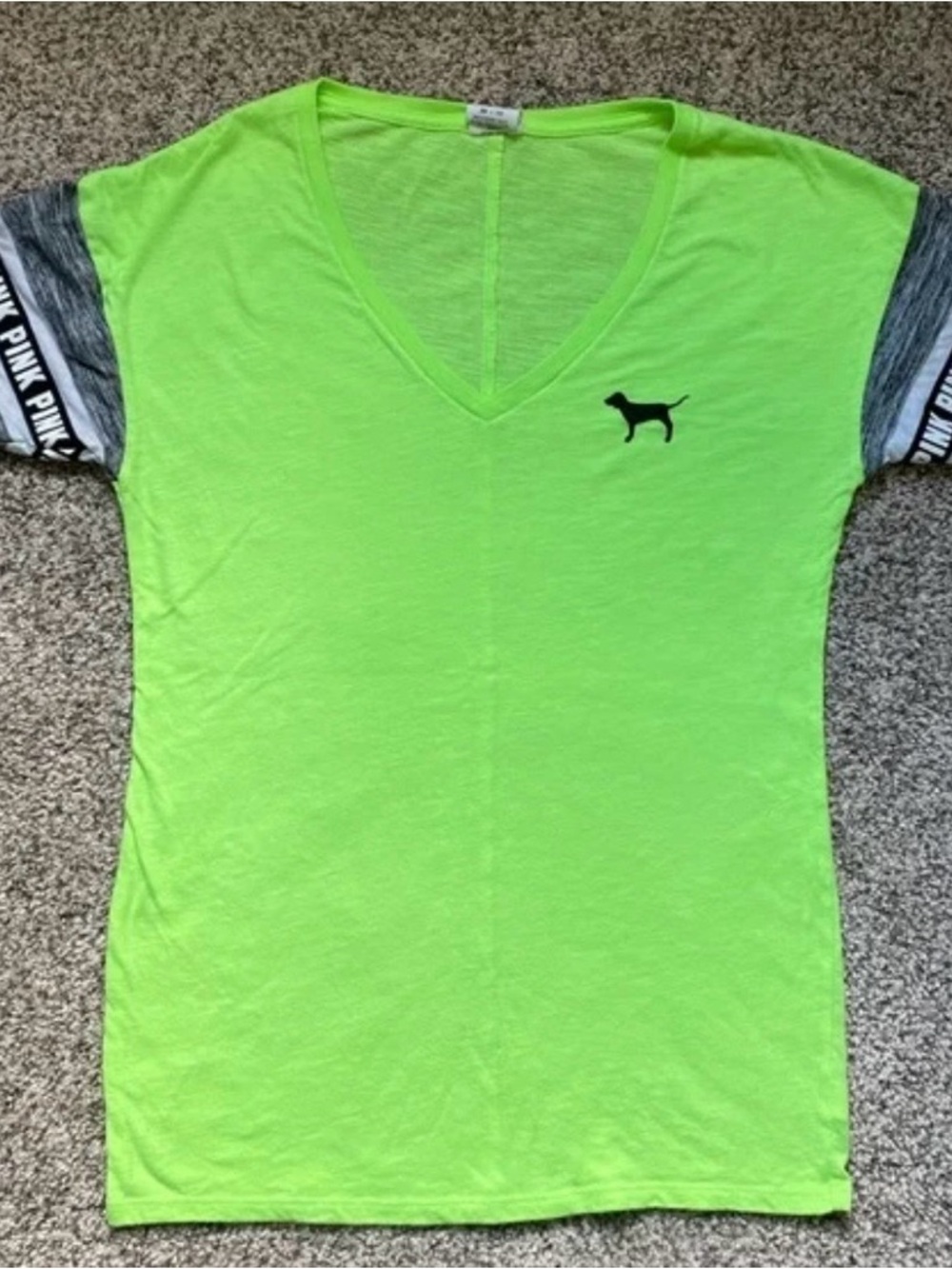 PINK Victoria's Secret Neon Lime V-Neck Tee with Grey Sleeve Accents